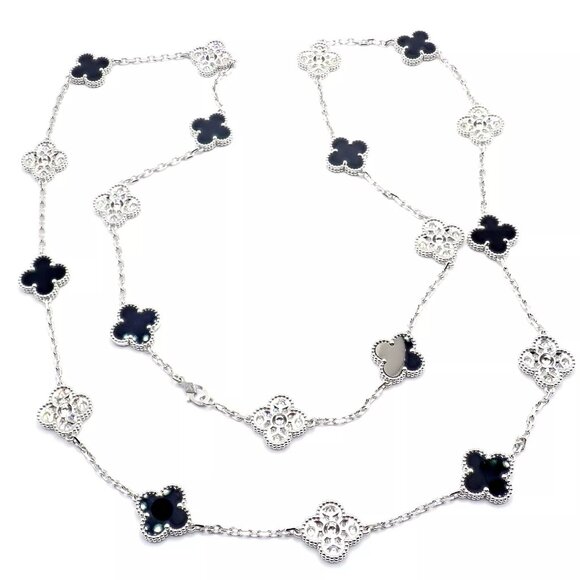 Van Cleef & Arpels 18k White Gold 20 Motif Alhambra Diamond Black Onyx Necklace - Picture 3 of 9